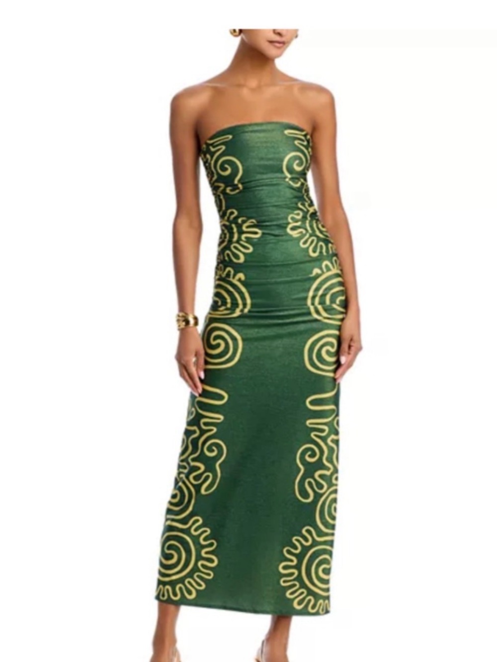 NWT Cala De La Cruz Strapless Green Printed Ruched Maxi Dress